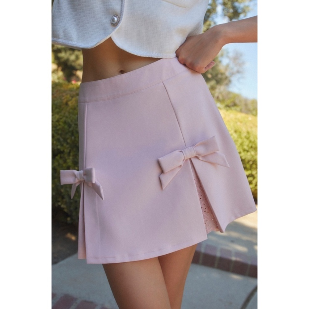 Lulus Charmed Energy Light Pink Embroidered Pleated Bow Mini Skirt - Size M